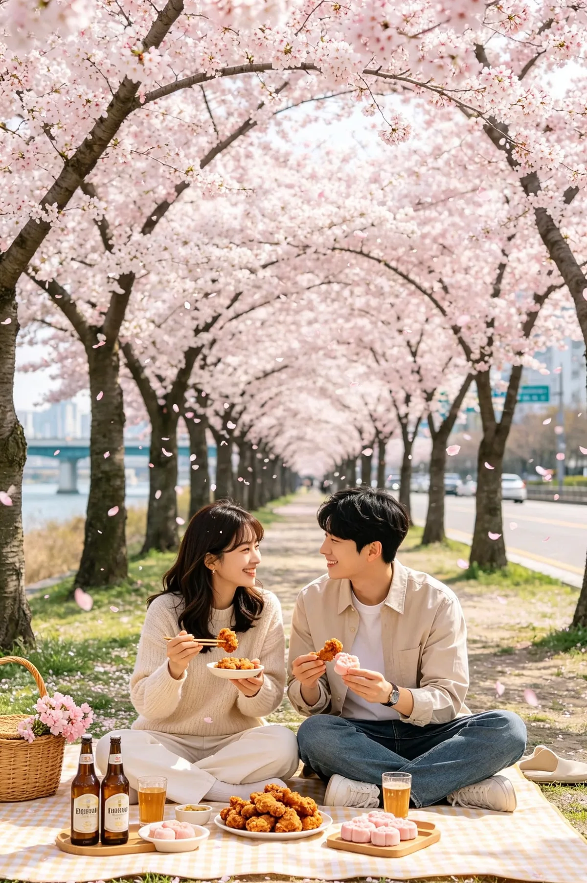 Pareja de picnic bajo un túnel de cerezos en flor junto al río Han, en Seúl