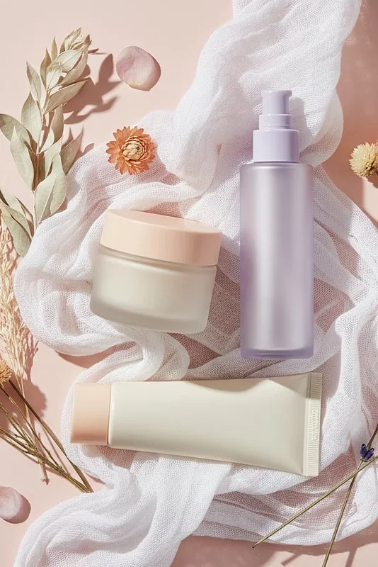 Productos de cuidado facial coreanos sobre tela y flores secas