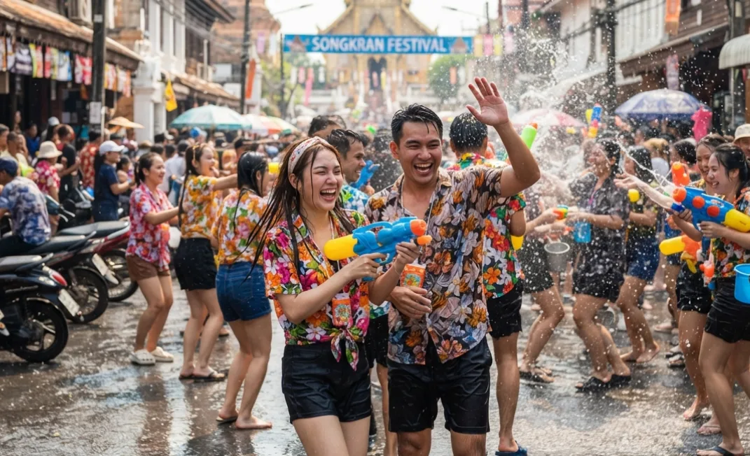 Gente celebrando el festival Songkran en la calle con pistolas de agua