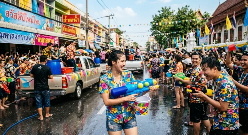 Multitud celebrando Songkran en una calle de Tailandia con pistolas de agua y cubetas
