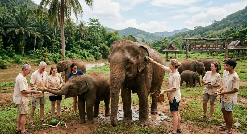 Visitantes alimentando y bañando elefantes en el Parque Baan Chang, en Chiang Mai